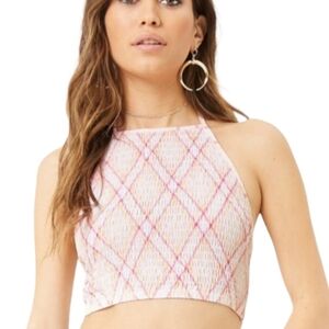 Forever 21 Plaid Smocked Back Tie Cropped Halter Top Size Large.